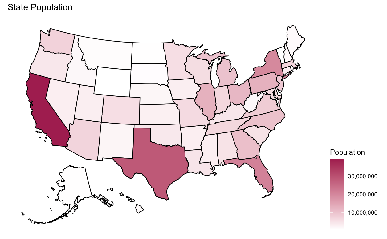 A map of the United States which the color of the state intensifies as population increases.