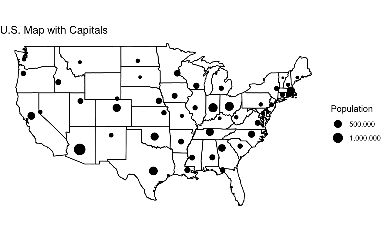 A map of the United States with the Capitols marked by a point whose size correlates to the city's population. 